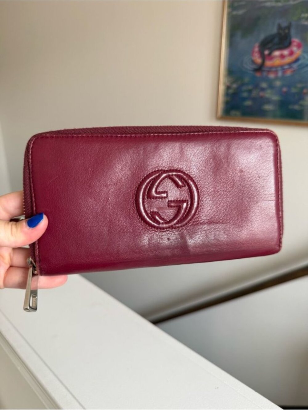 Gucci Deep Wine Res Leather Zip Around Wallet with Embossed GG - Picture 6 of 8